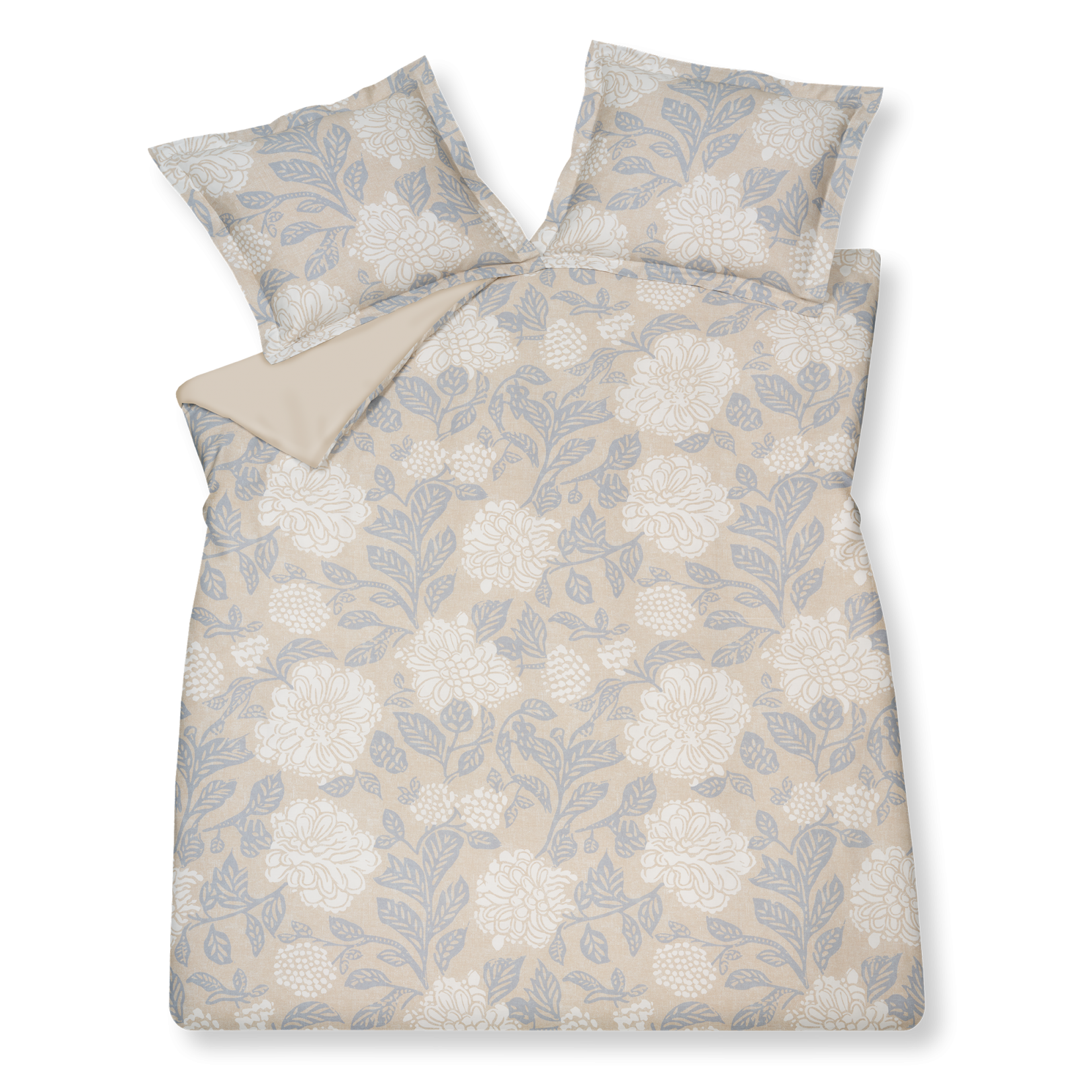 Fresh Linen linen dekbedovertrek heeft bloemen en bladeren die op abstracte wijze getekend zijn met vlakken, lijnen en stippen in wit en blauw op een beige achtergrond