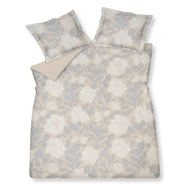Fresh Linen linen dekbedovertrek heeft bloemen en bladeren die op abstracte wijze getekend zijn met vlakken, lijnen en stippen in wit en blauw op een beige achtergrond