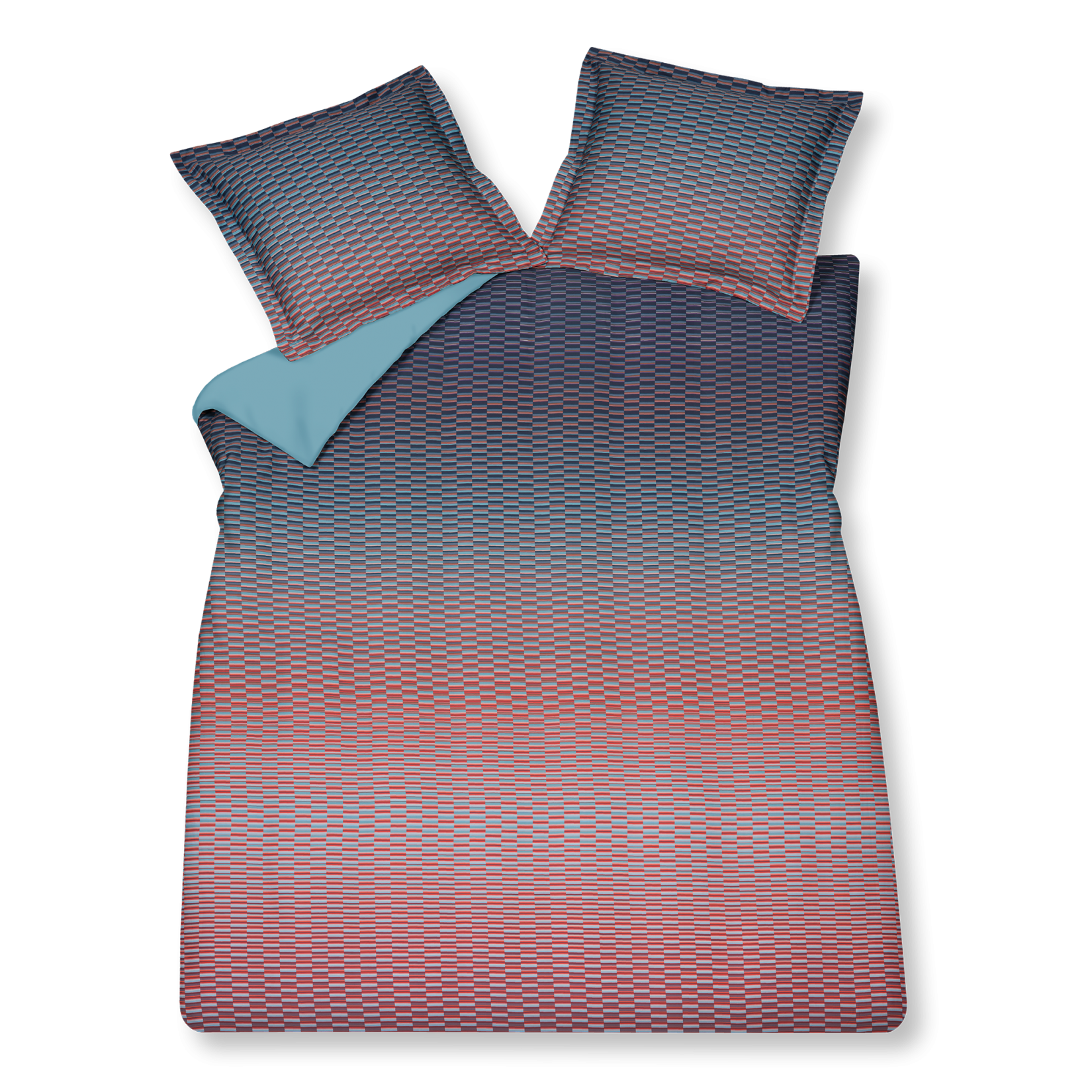 Graphic multi dekbedovertrek heeft korte streepjes die verspringen en afwisselen in kleur van meer rood dan blauw naar meer blauw dan rood. Hierdoor ontstaat een leuk effect. De achterkant van het dekbedovertrek is effen turquoise