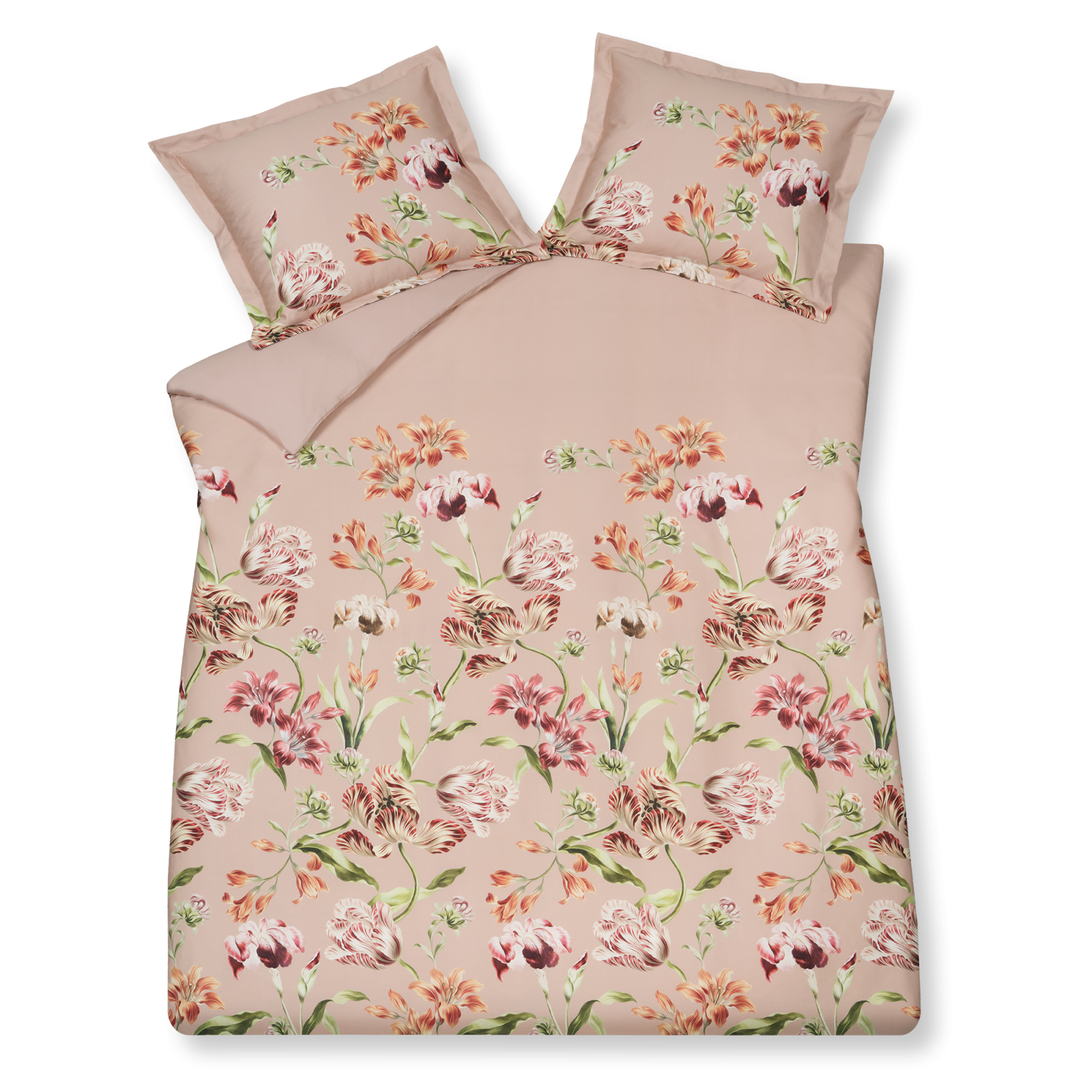 Delicious blush dekbedovertrek heeft prachtige bloemen met grote verfijnde bladeren, die sierlijk lijken te wiegen op een lichte bries. De bloemen hebben tinten rood en oranje op een lichtroze achtergrond