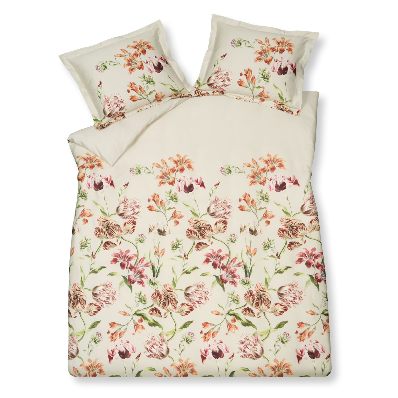 Delicious cream tan dekbedovertrek heeft prachtige bloemen met grote verfijnde bladeren, die sierlijk lijken te wiegen op een lichte bries. De bloemen hebben tinten rood en oranje op een gebroken witte achtergrond
