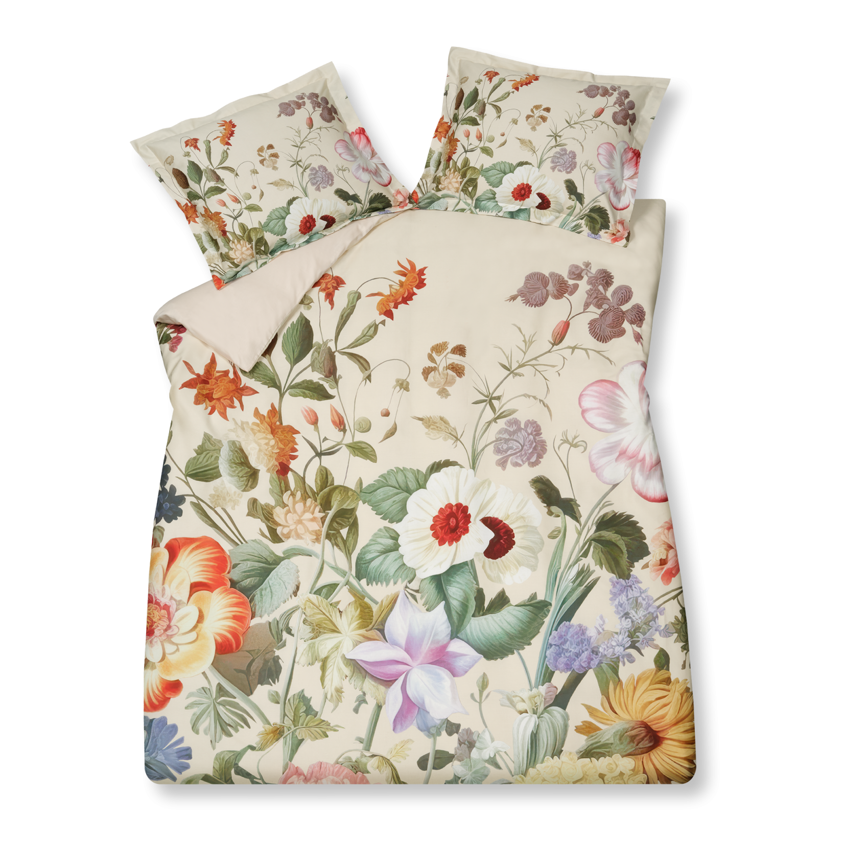 Holiday cream tan dekbedovertrek heeft reusachtige bloemen in prachtige tinten op een beige achtergrond