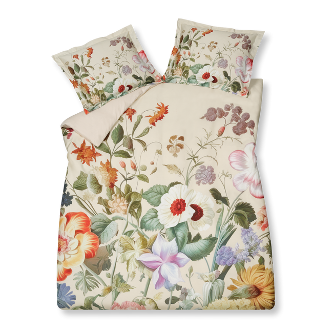 Holiday cream tan dekbedovertrek heeft reusachtige bloemen in prachtige tinten op een beige achtergrond