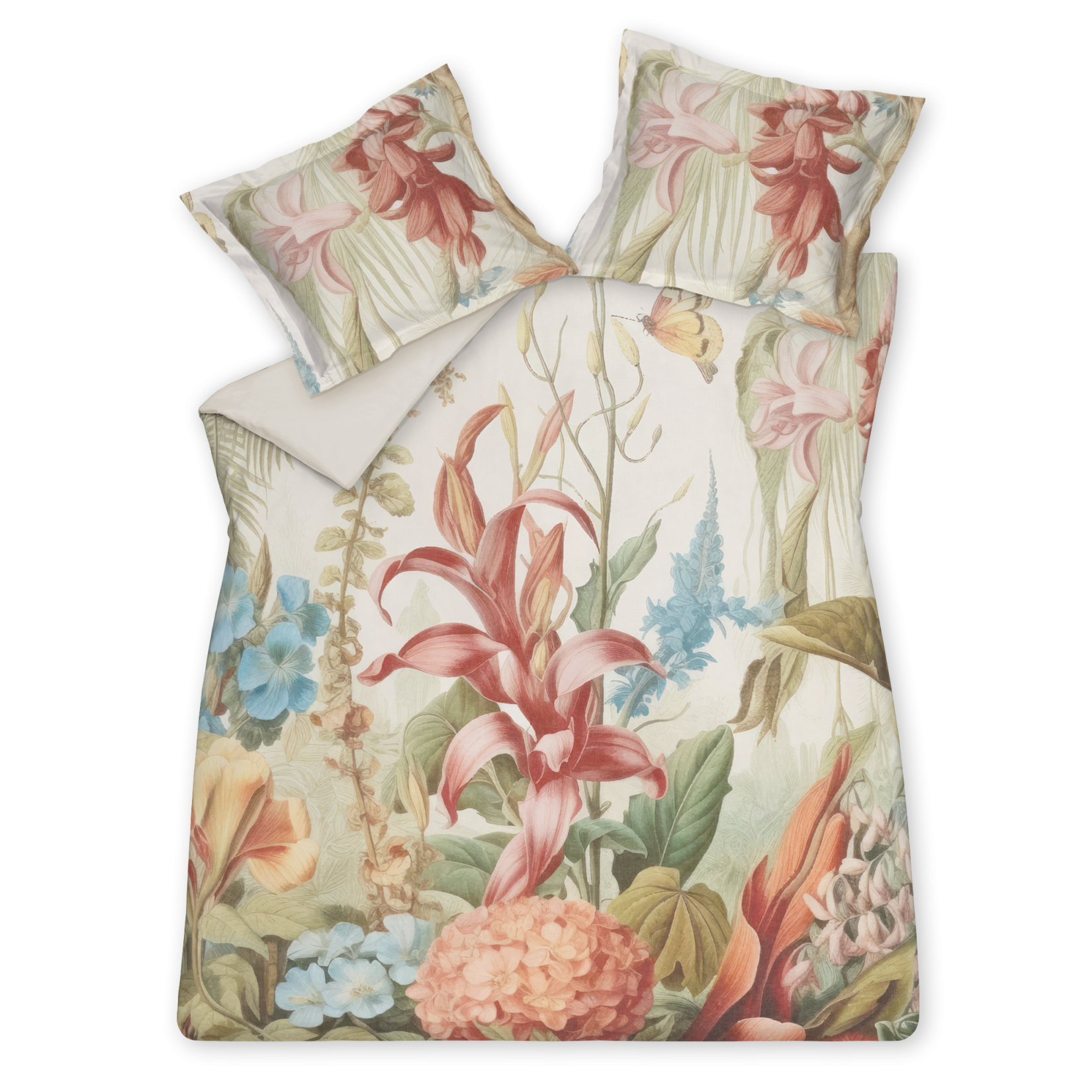 Florentine multi dekbedovertrek heeft enorme bloemen en bladeren in rood, blauw, oranje, groen en bruine tinten op een off white achtergrond, waarbij de tinten een soort sepia gloed lijken te hebben. De achterkant van het dekbedovertrek is effen beige.