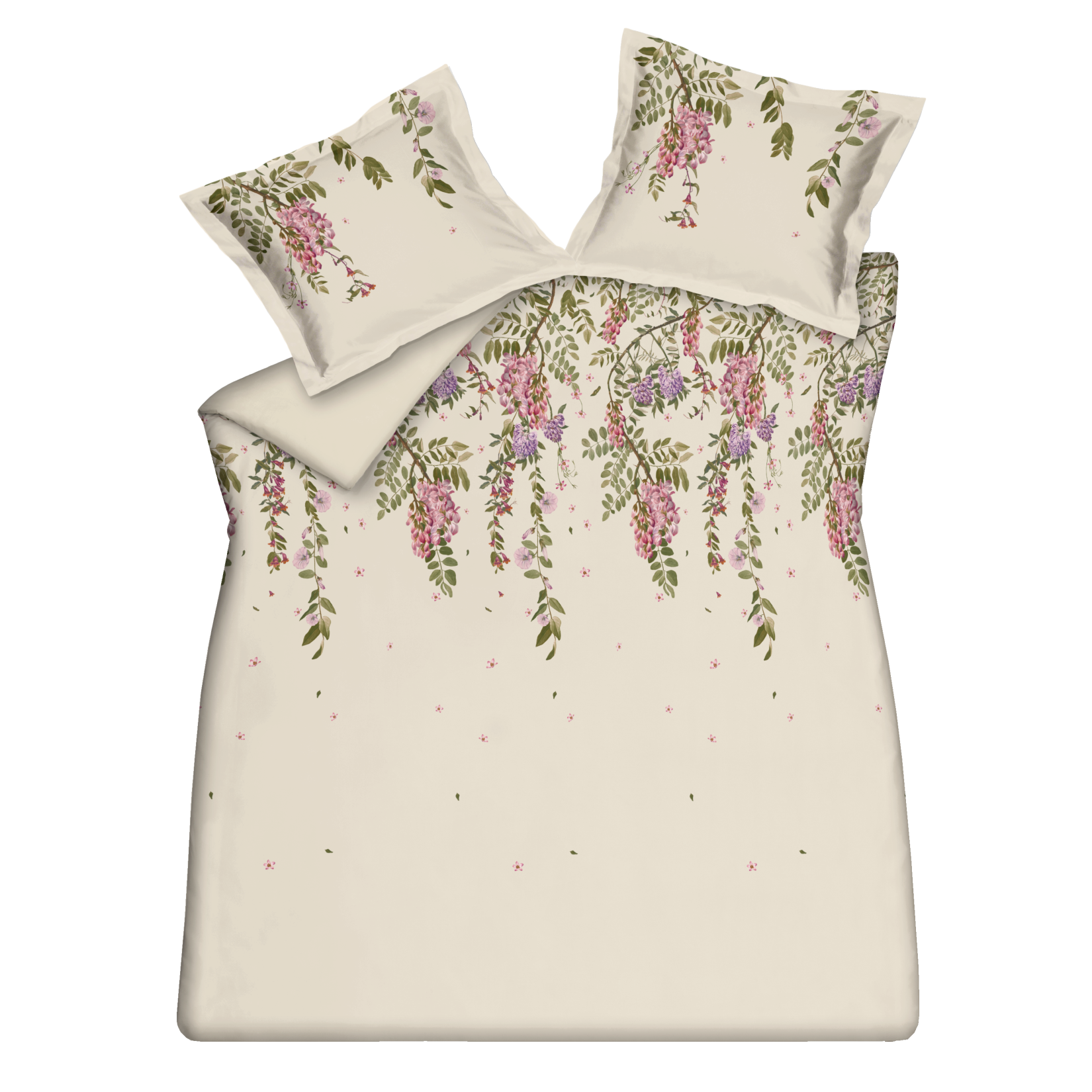 Rose Acacia cream tan dekbedovertrek heeft aan de bovenkant roze en paarse bloemen, die aan takken hangen met kleine dwarrelende blaadjes. De achterkant van het dekbedovertrek is effen beige. Het design oogt rustig en zacht.