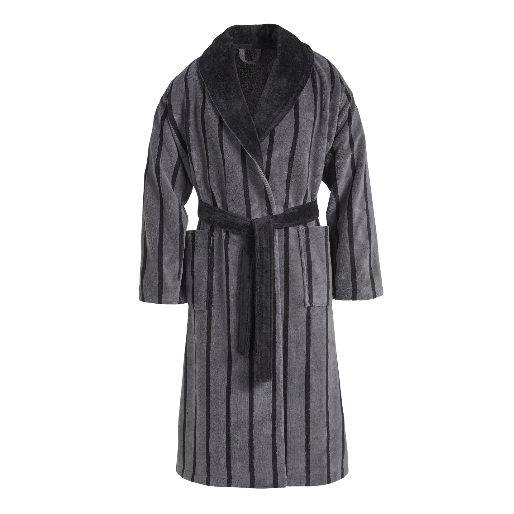 Vigo badjas in anthracite is een lange badjas, geschikt voor heren. De badjas is van een comfortabel dikke, zachte teddy-achtige stof gemaakt met aan de binnenzijde een mix van bamboe en katoen. De badjas heeft een ingeweven, gestreept patroon. De Vigo badjas heeft grote insteekzakken en een omgeslagen kraag.
