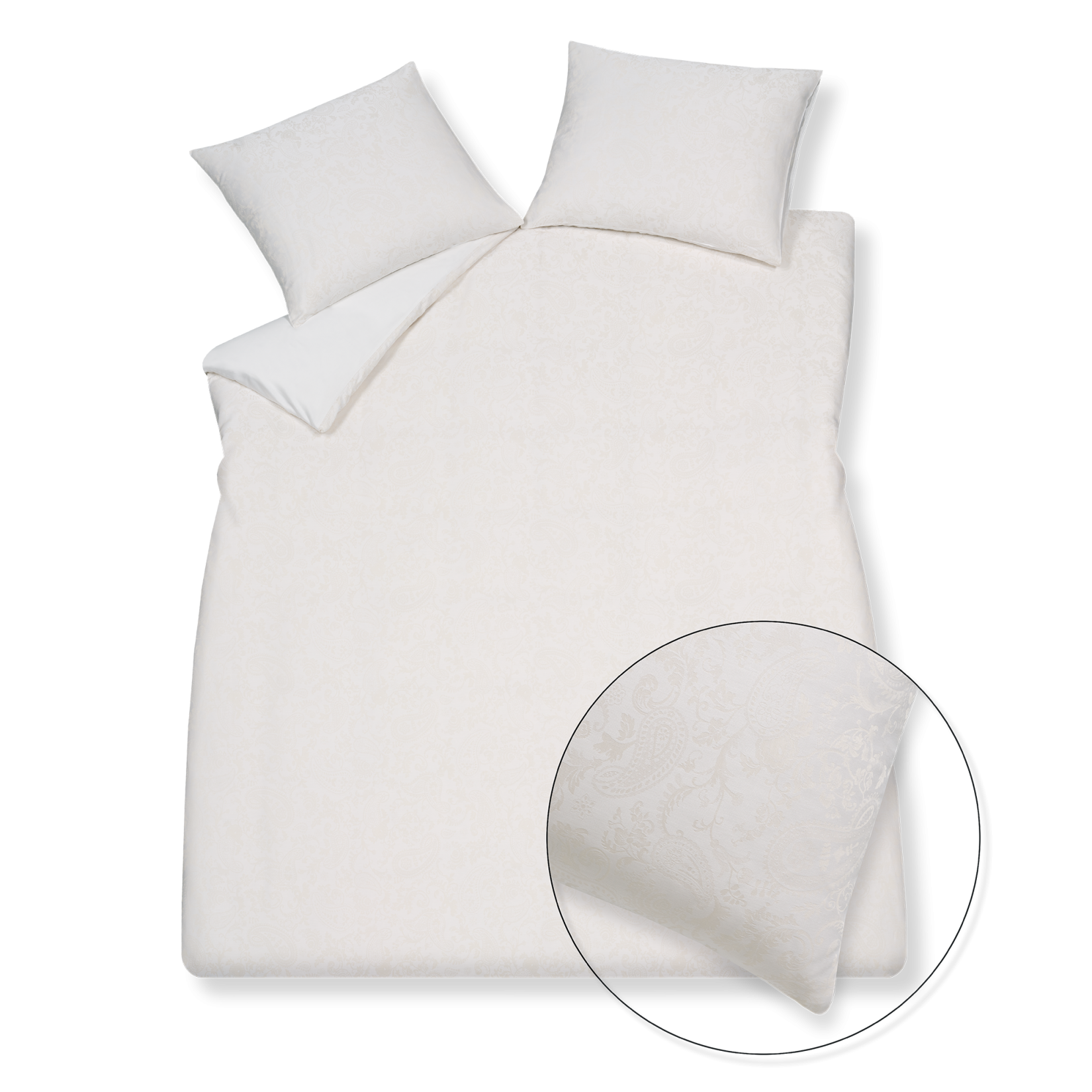 Purity Lucca off white dekbedovertrek heeft een jacquard geweven paisley patroon, waarbij de tint net iets donkerder is dan off white. De achterkant van het dekbedovertrek is effen. De kussens hebben hetzelfde paisley patroon. 