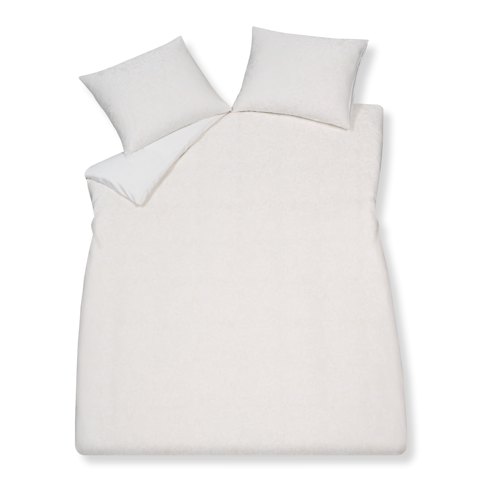 Purity Lucca off white dekbedovertrek heeft een jacquard geweven paisley patroon, waarbij de tint net iets donkerder is dan off white. De achterkant van het dekbedovertrek is effen. De kussens hebben hetzelfde paisley patroon. 