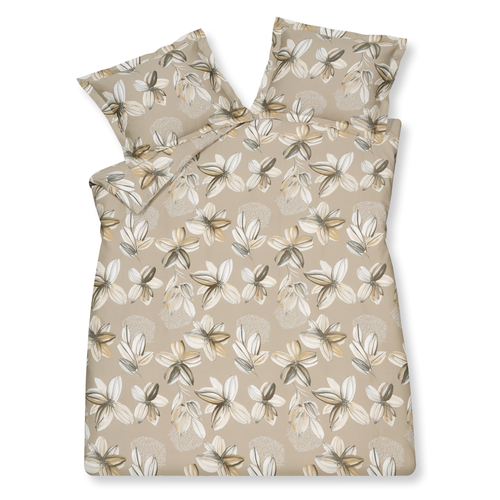 Flower Party de naam zegt het gelijk al, een feestje van bloemen op je bed! Dit dekbedovertrek set heeft aquarel geschilderde bloemen en organische vormen in mooie zachte nude en beige tinten. De print siert zowel de voor- als achterzijde.