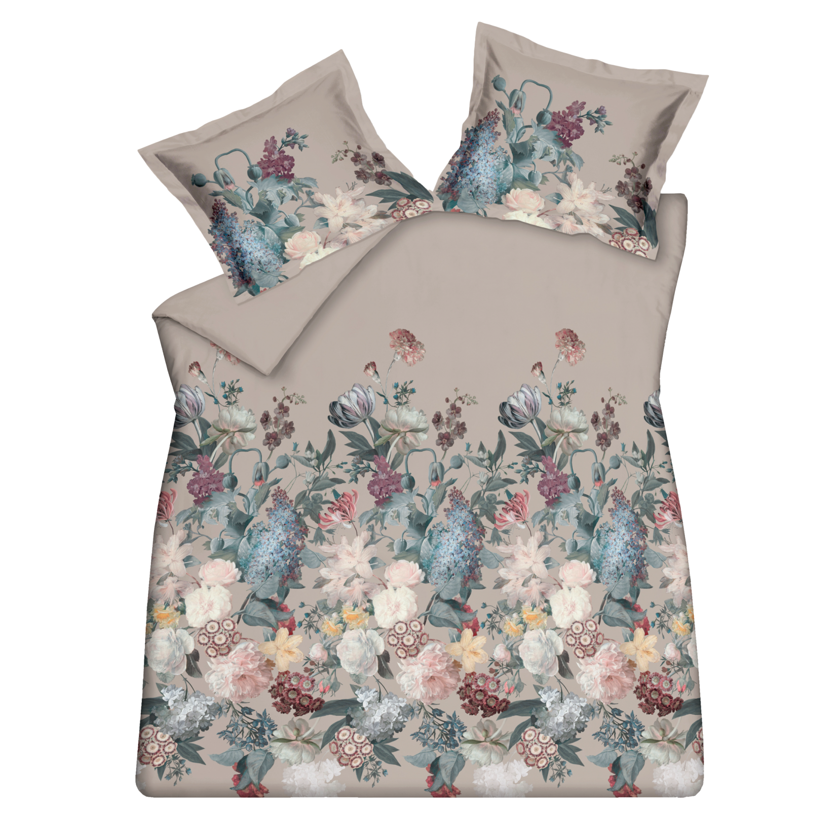 dekbedovertrek set Flowerbomb is bezaaid met bloemen in eindeloos veel verschillende kleuren. Het kleurrijke geheel is gedrukt op een oceanview of cream tan achtergrond. De achterzijde van de overtrek set is effen